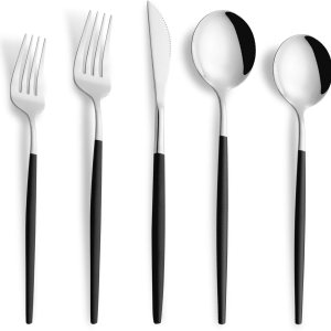 Juego de cubiertos de acero inoxidable de 20 piezas, color negro y plateado, para 4 personas, incluye tenedores, cucharas, cuchillos, utensilios Juego de cubiertos de acero inoxidable de 20 piezas, color negro y plateado, para 4 personas, incluye tenedores, cucharas, cuchillos, utensilios