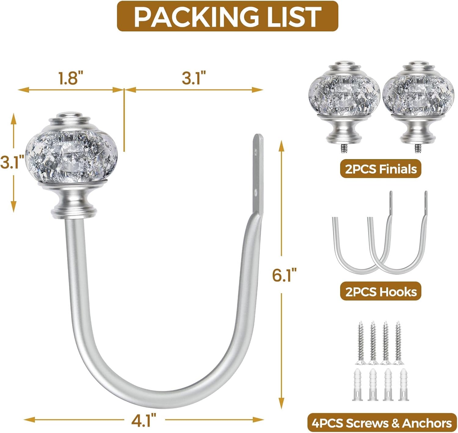 Paquete de 2 soportes plateados para cortinas, alzapaños decorativos para cortinas, ganchos para pared con remates translúcidos (6.1 pulgadas de