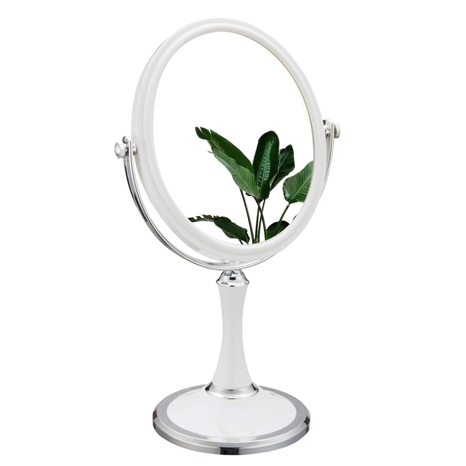 PINKZIO Maquillaje de mesa portátil de dos caras 1X y 3X aumento ligero espejo de tocador con giro de 360 grados, plástico ABS, blanco