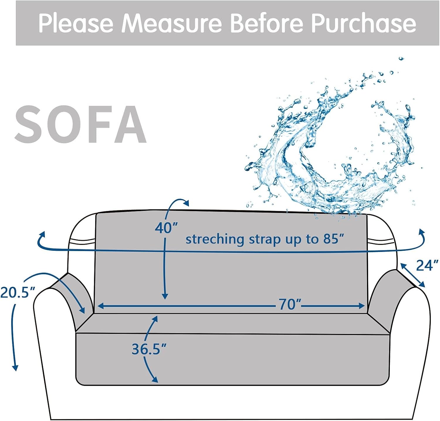 SunStyle Home Funda de sofá gris oscuro, resistente al agua, funda protectora para muebles, funda acolchada de panal con correa elástica ajustable y