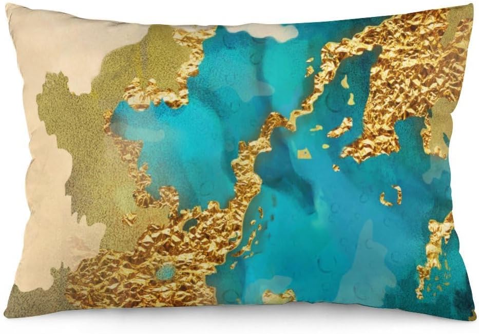 HOSTECCO Juego de 4 fundas de almohada lumbar de 12 x 20 pulgadas, color verde azulado y dorado, fundas modernas abstractas de arte contemporáneo