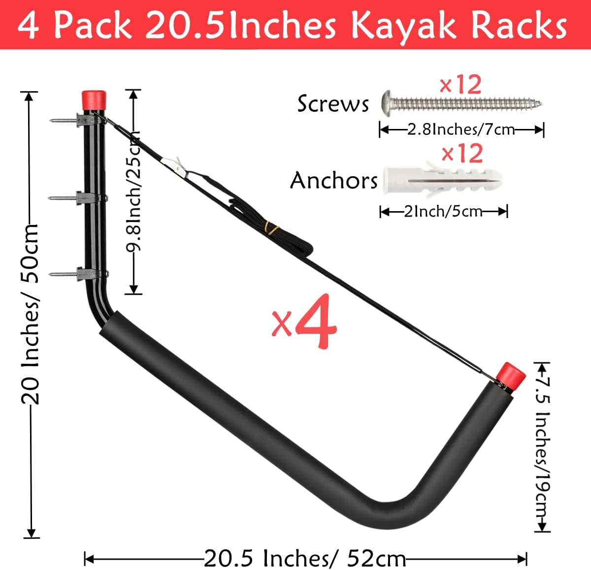 Naikozmo Paquete de 4 estantes de almacenamiento para kayaks, ganchos resistentes de 20.5 pulgadas, ganchos de montaje en pared para tablas de remo