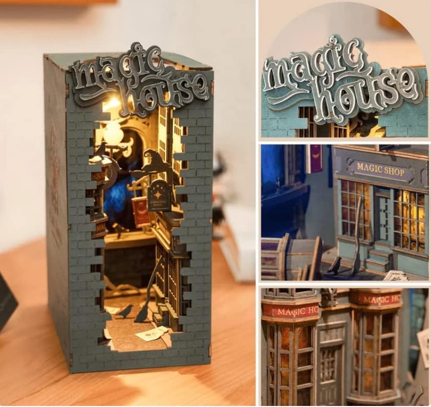 Rolife Kit de rincón de libros para bricolaje, sujetalibros creativo 3D, kit de rincón de libro en miniatura, soporte decorativo para estantería