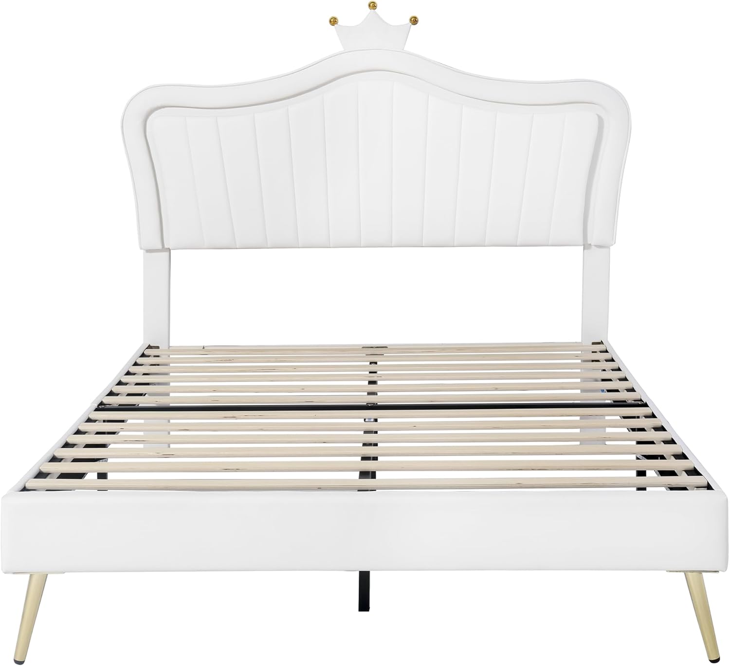 Cama de princesa tamaño Queen con luces LED, marco de cama para niños, con cabecero corona, plataforma tapizada para niños y adolescentes, no