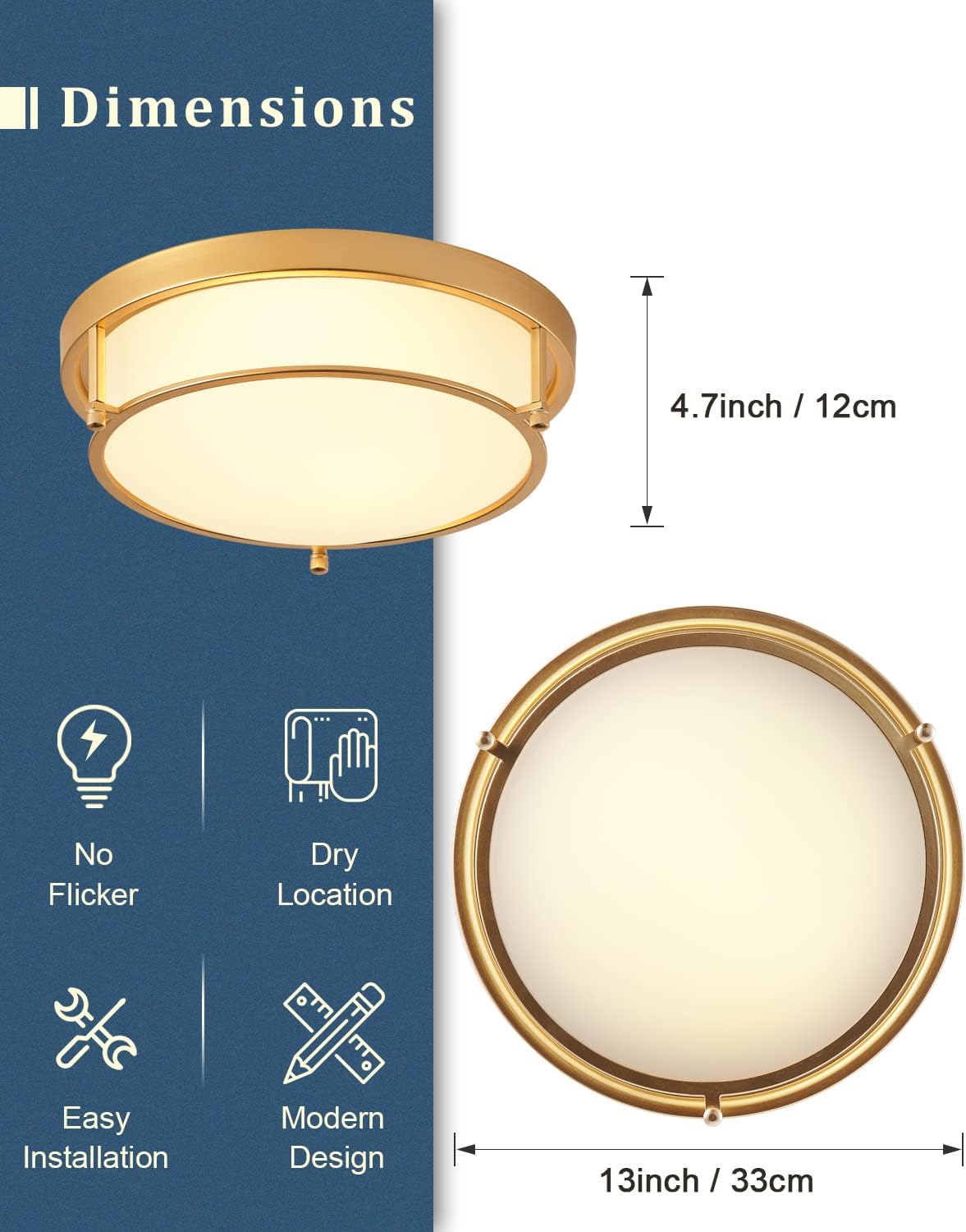 Lámpara de techo dorada de 13 pulgadas, pantalla de vidrio esmerilado clásica, lámpara de techo empotrada para sala de estar, pasillo, dormitorio