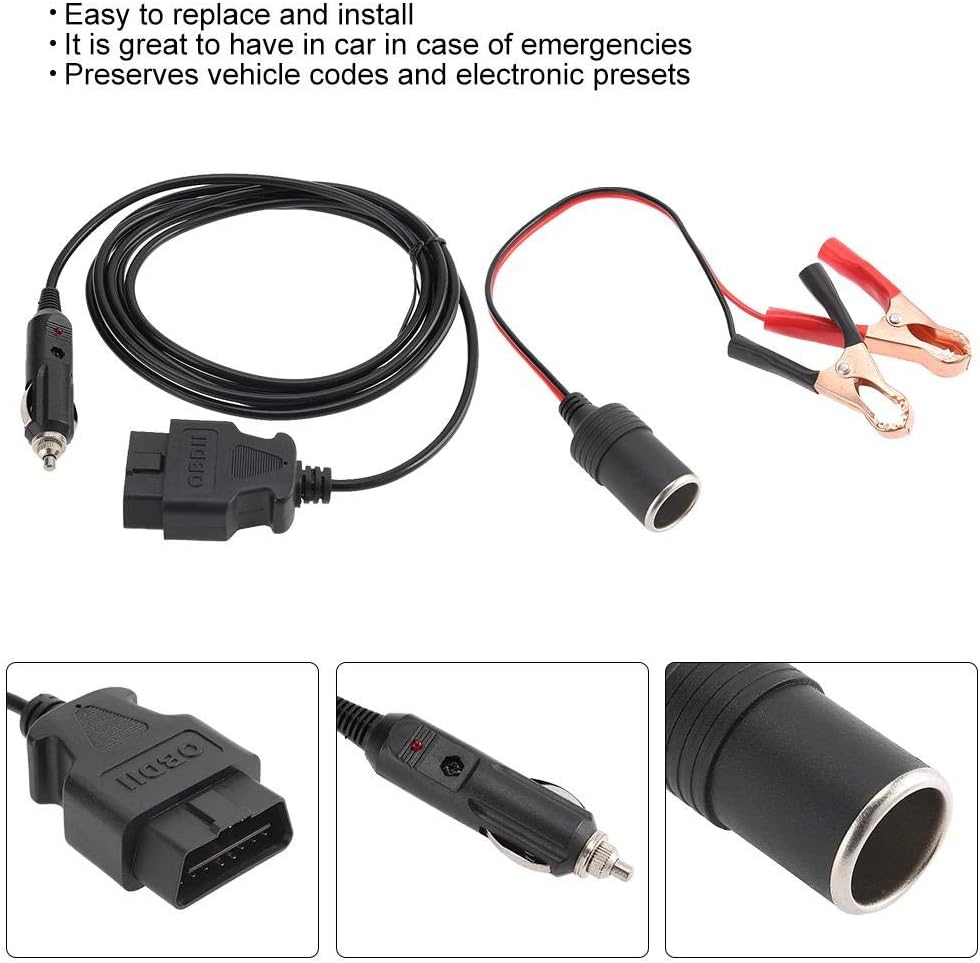 KIMISS Cable de fuente de alimentación de emergencia, OBD II para vehículo ECU de emergencia de 12 V, protector de memoria con clip
