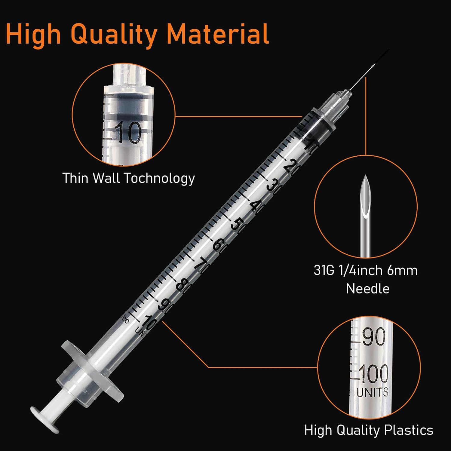U-100 – Jeringa de 0.0 fl oz con aguja, jeringas 31G 14 pulgadas 0.236 in 1cc, paquete individual desechable, paquete de 100