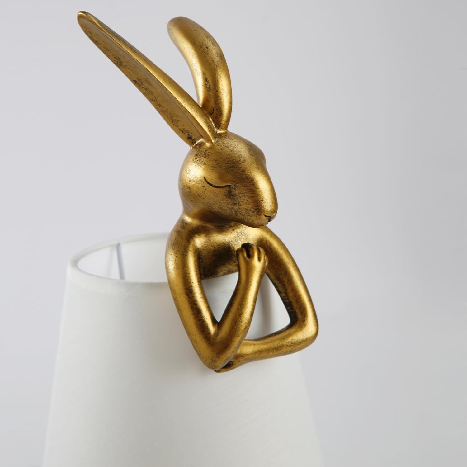 Lámpara de mesa de conejo, luz de escritorio de conejo de resina dorada de 15.7 pulgadas con pantalla de tela blanca, mesita de noche de los niños,