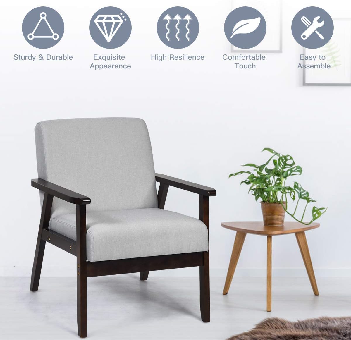 Giantex Silla decorativa moderna Mid-Century, sillón de tela retro, hecho de madera maciza, sillón tapizado de lino para sala de estar (1, gris