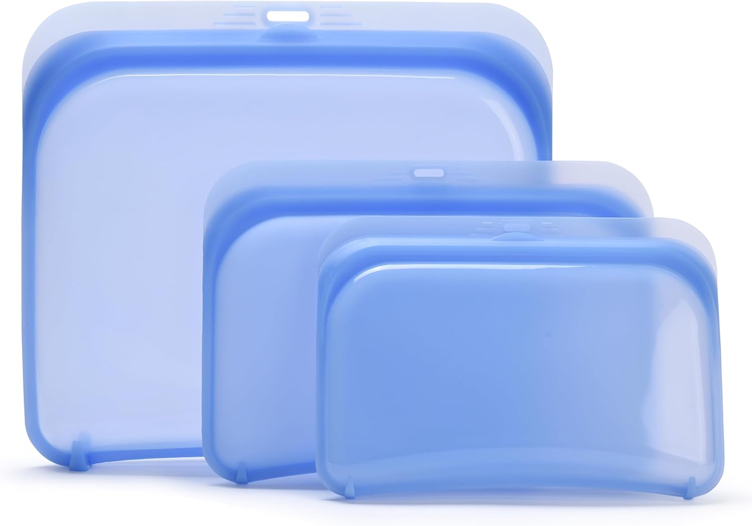 Dorence 3 bolsas de almacenamiento de silicona reutilizables, color azul, 3 bolsas de almacenamiento de alimentos de silicona con cierre de presión,