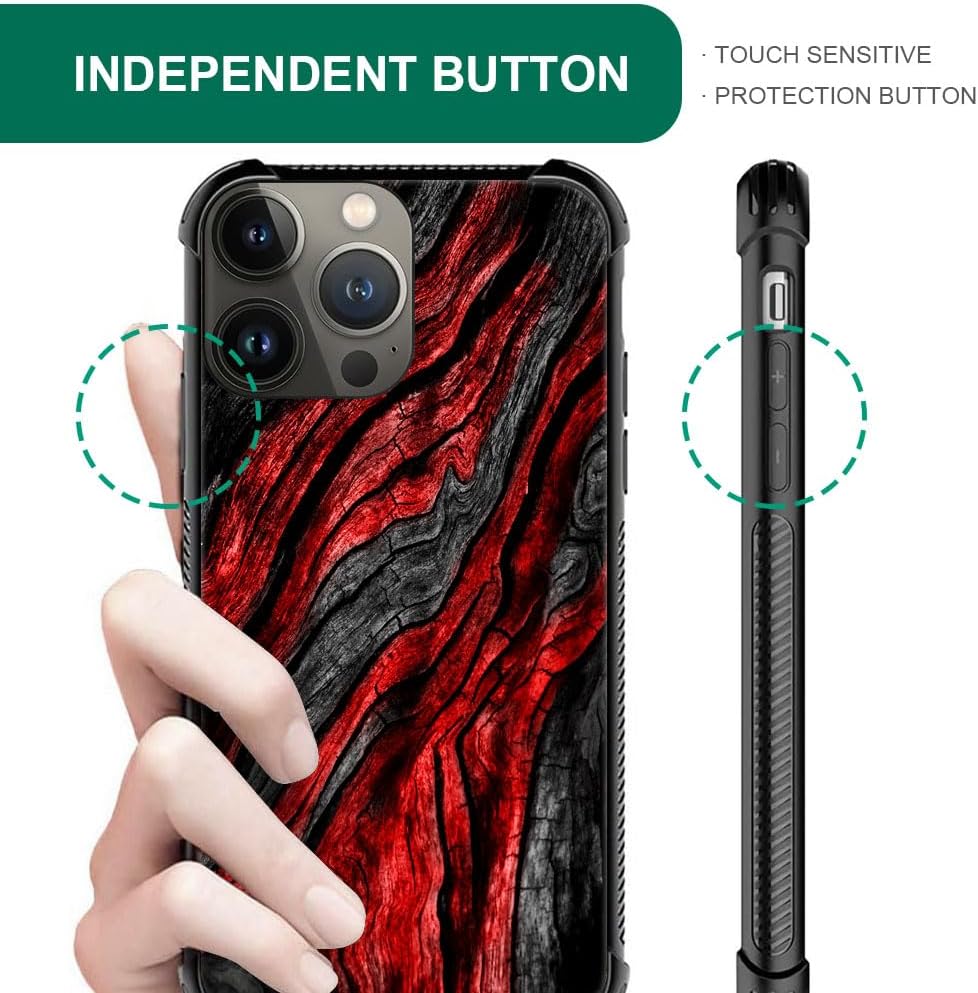 CARLOCA Funda compatible con iPhone 15 Pro, 1 funda con patrón de grano de madera negra y roja para iPhone 15 Pro, ultra protección, a prueba de