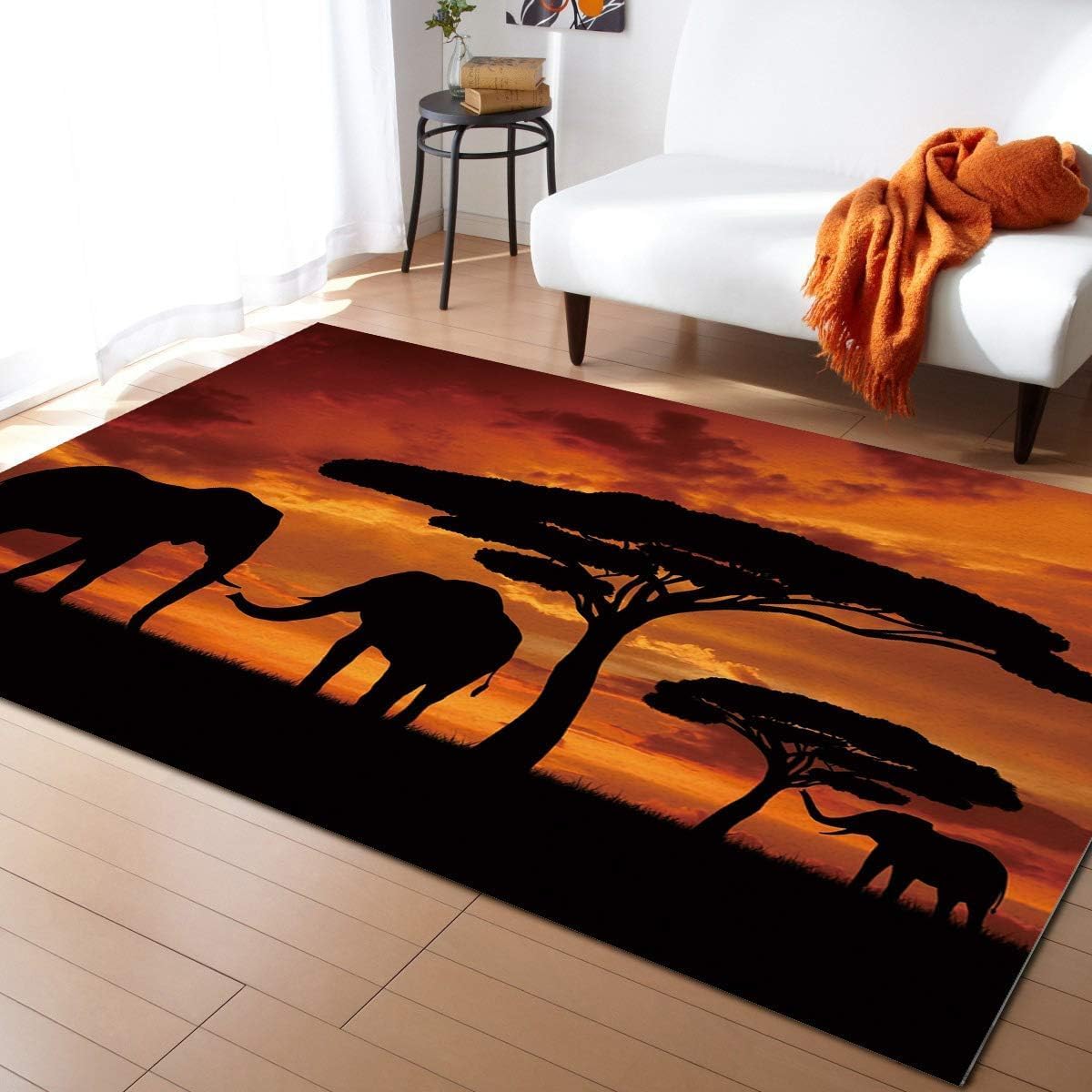 Alfombra de elefante en pastizales al atardecer, alfombra de elefante africano, alfombra de interior antideslizante para habitación, sofá, sala de