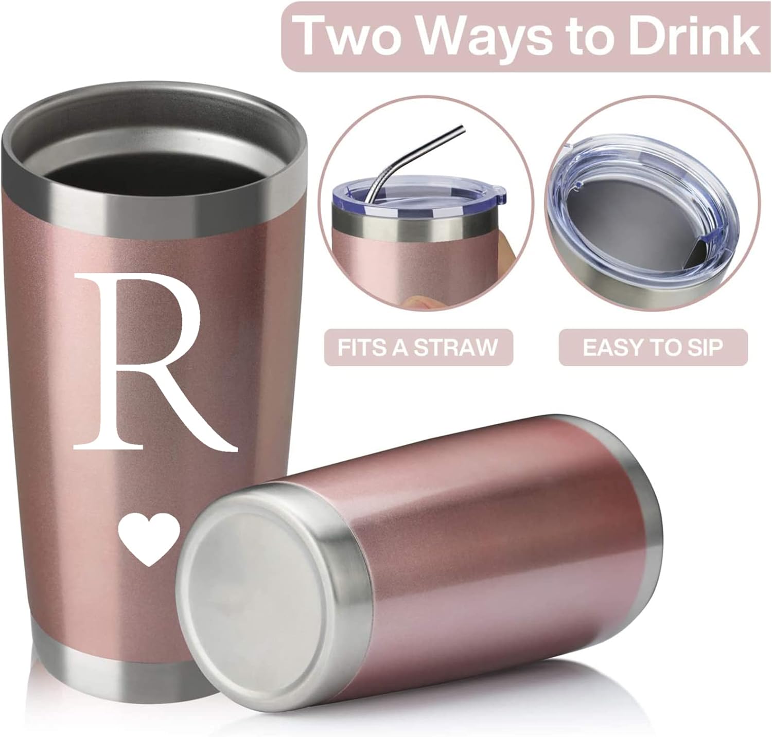 Calltoge Regalos iniciales personalizados, vaso de viaje de acero inoxidable de 20 onzas, taza insultada de oro rosa, regalo de boda, dama de honor,