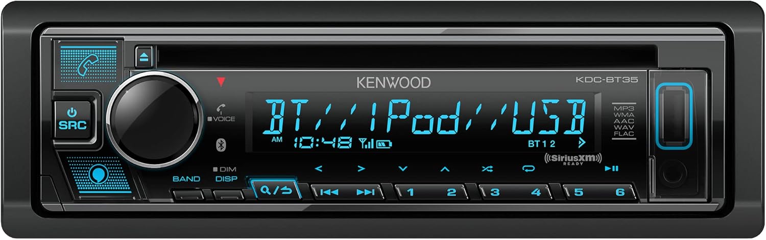 KENWOOD KDC-BT35 – Estéreo de CD para automóvil con Bluetooth, USB frontal, AUX, Tienda Alexa, SiriusXM Radio Ready e iluminación de color variable