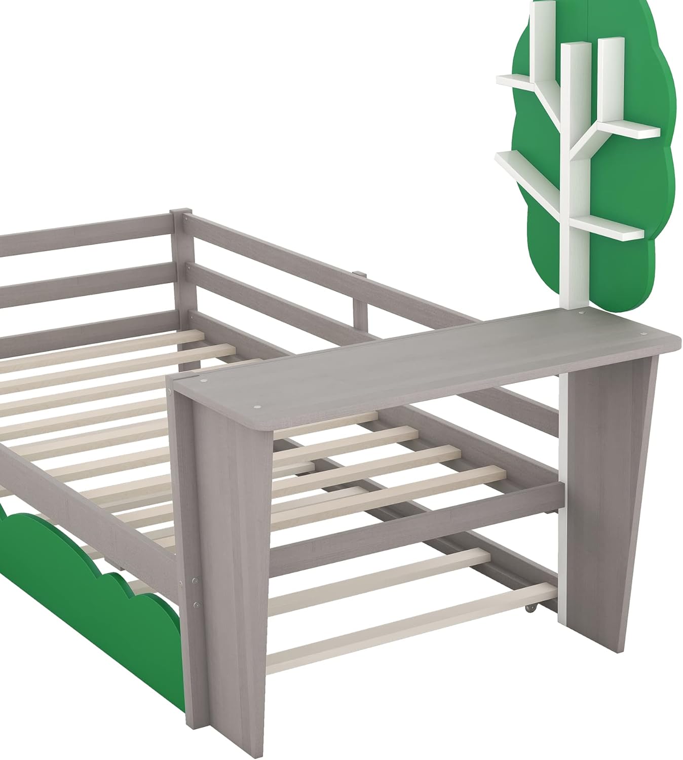 Anwick Base de cama individual con escritorio y nido, sofá cama de madera con escritorio y estantes en forma de árbol verde, cama de plataforma de