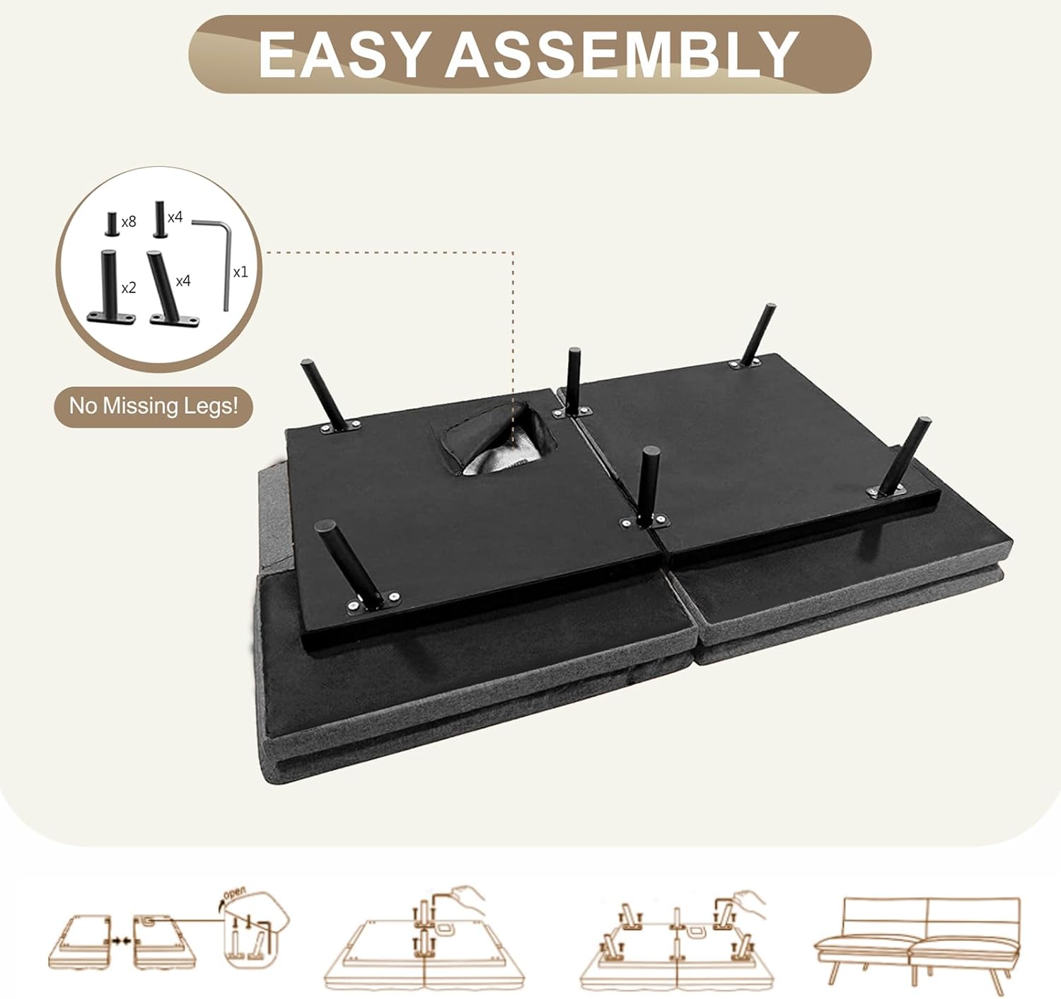Opoiar, Moderno convertible, sofá de espuma viscoelástica, sofá biplaza futón, sofá de cama ajustable de lino transpirable, sofá cama ajustable de