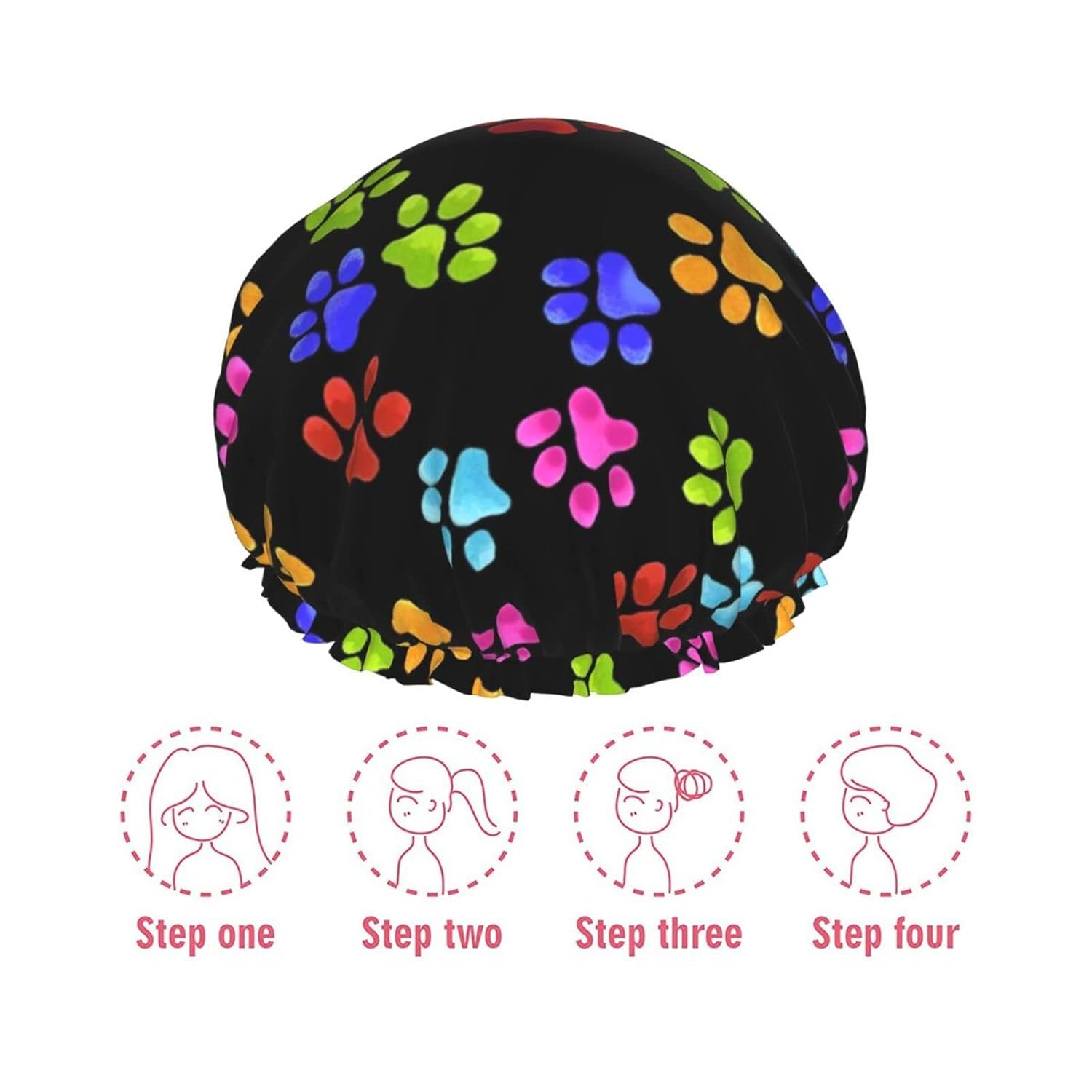 Gorro de ducha reutilizable con estampado de patas de perro para mujer, pelo largo, doble capa impermeable, gorro de ducha para niños, niñas y