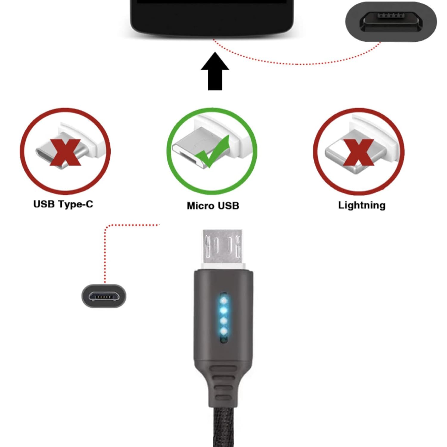 Pro Micro USB para Mophie batería estuches de carga inteligente LED Sync Data Cord (carga respiratoria) para helio, aire y espacio fundas para