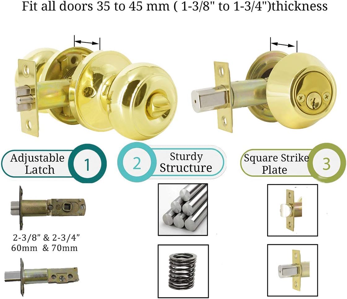 Paquete de 2 pomos de puerta de entrada con llave igual con cerradura de cerrojo de doble cilindro para cerradura de entrada y puerta delantera con