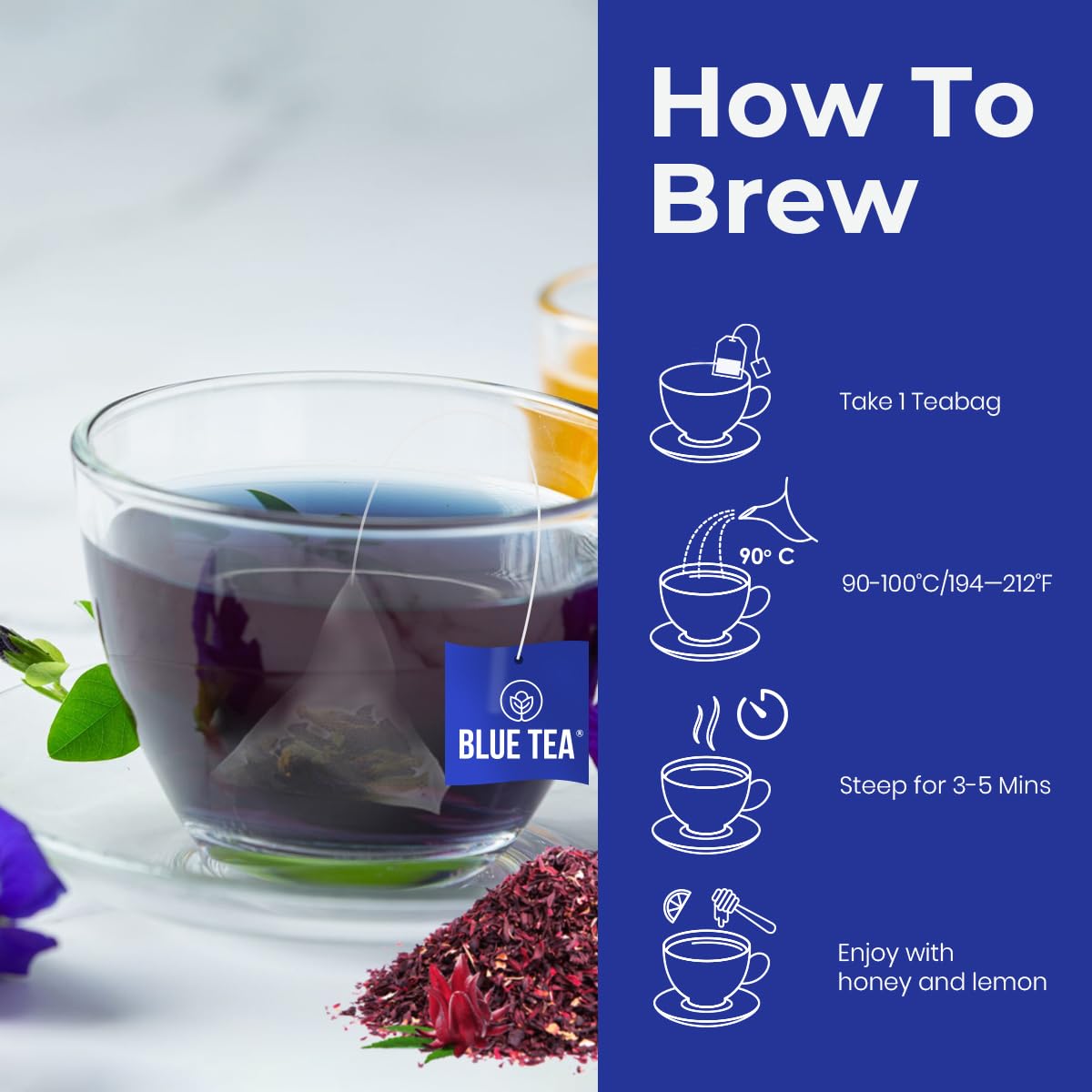 BLUE TEA – Té de hierbas de hibisco y guisantes mariposa – 30 bolsas de té  Regalo para el día de la madre  Super antioxidante  Sin cafeína  Bolsa