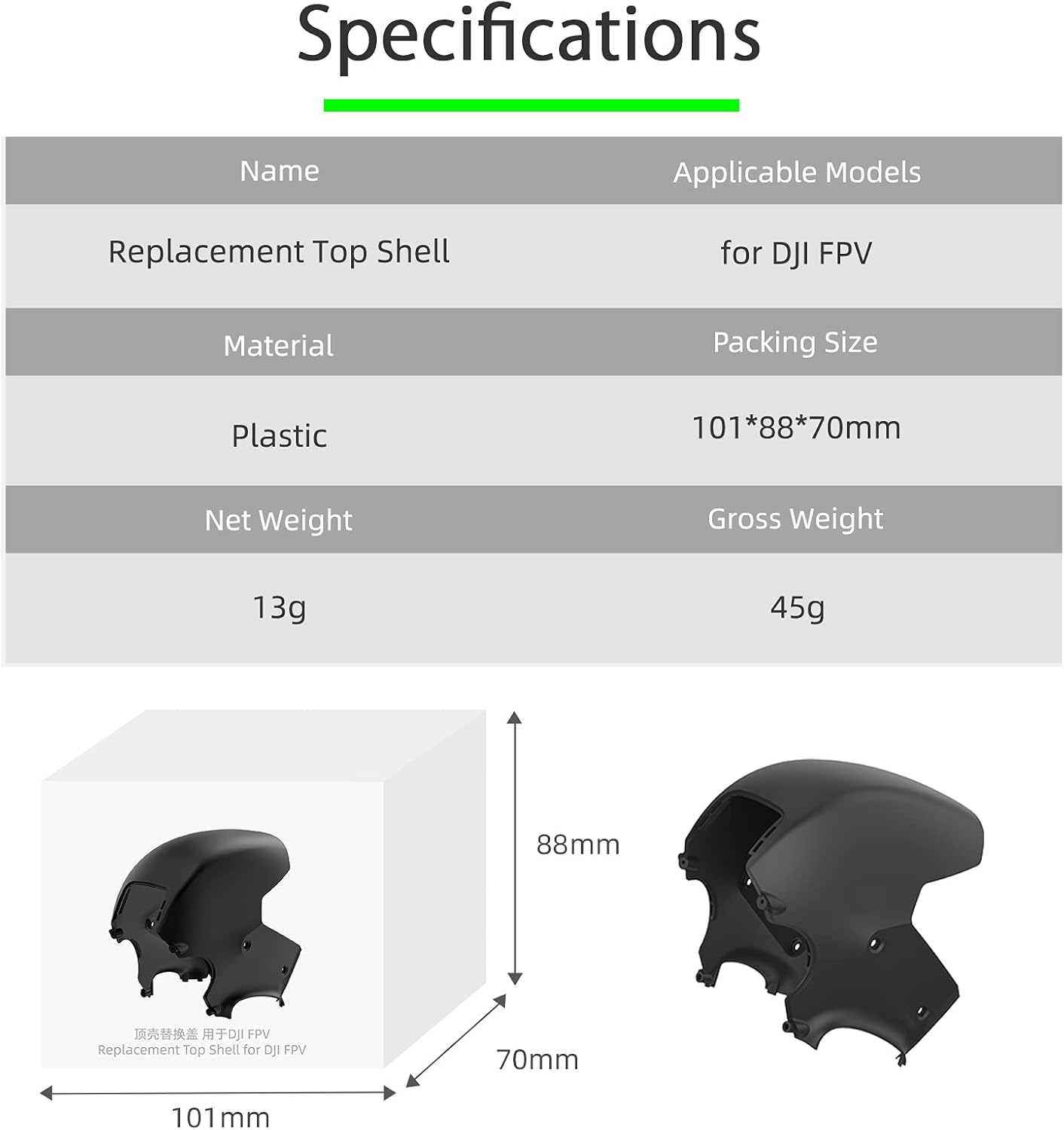FPV Carcasa superior compatible con dron DJI FPV, cubierta de repuesto de respaldo, Fly More Kit combinado con vista en primera persona Drone UAV