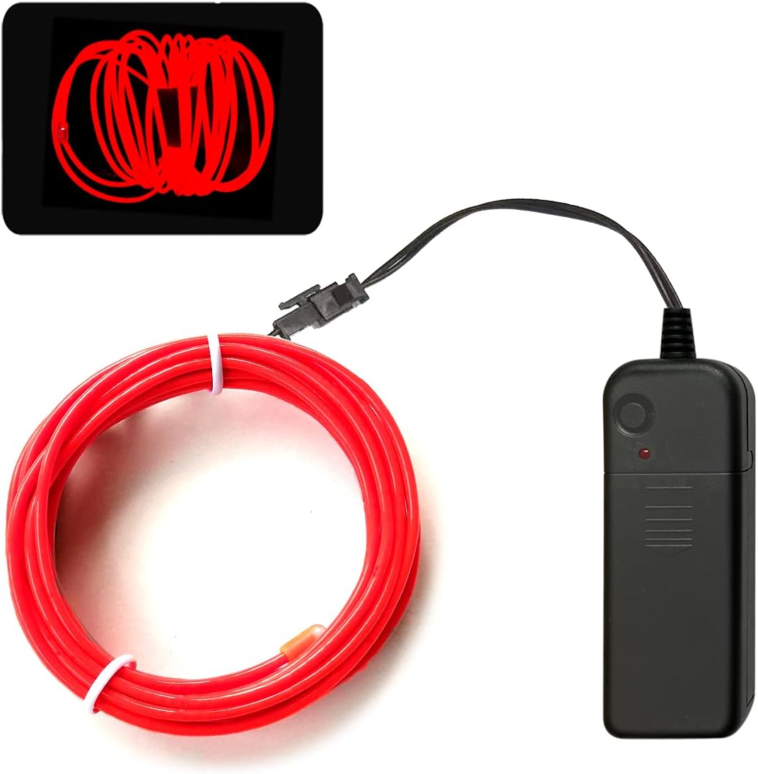 Cable El de color rojo, 9.8 pies  9.8 ft de luz de neón con paquete de baterías, alambre electroluminiscente brillante de neón para fiestas,