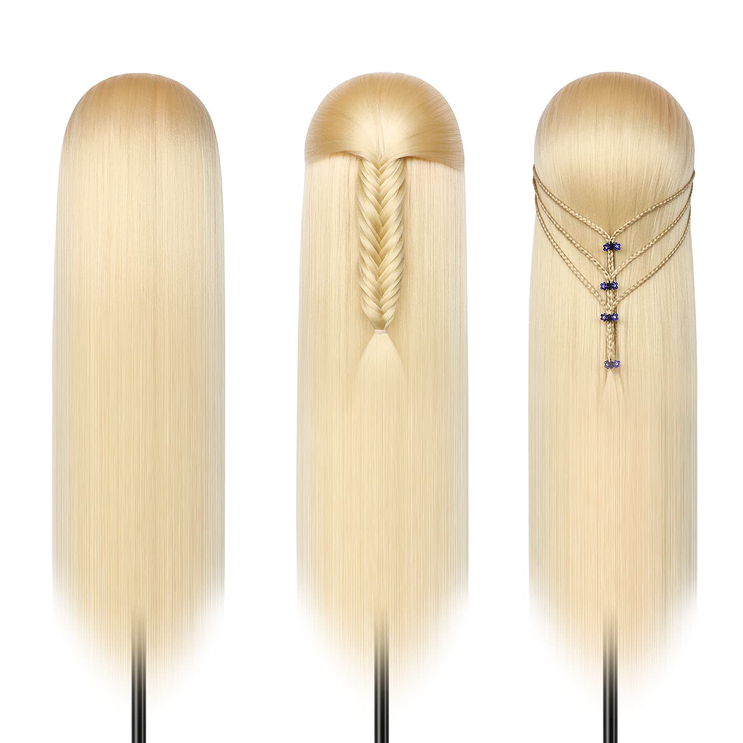 Cabeza de entrenamiento de 28 pulgadas, cabeza de peluquería 100% fibra sintética, cabeza de entrenamiento de peluquería con abrazadera gratuita y