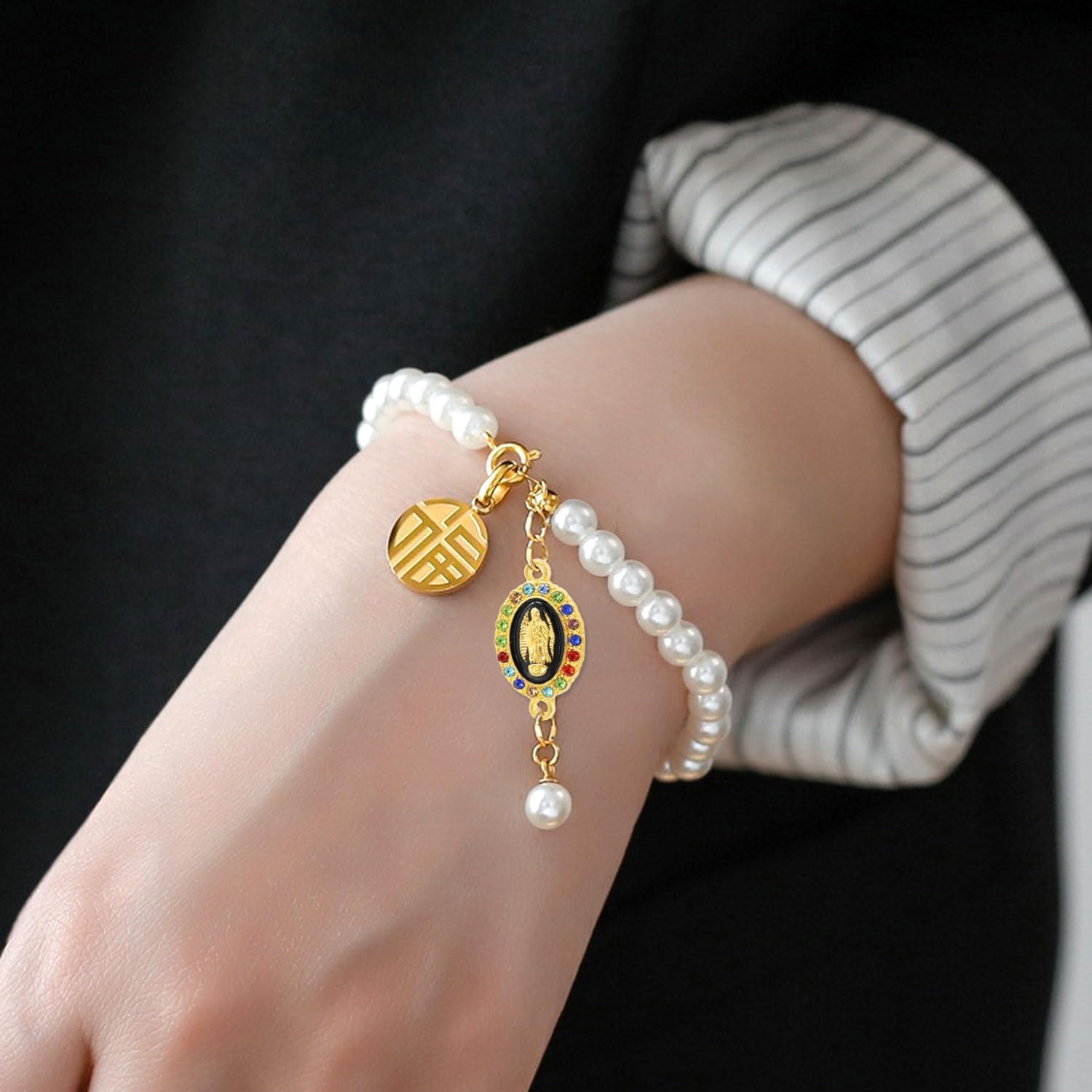 Honbay 24 dijes esmaltados de la Virgen María, diamantes de imitación religiosos para aretes, pulseras, collares, joyería (6 colores), aleación