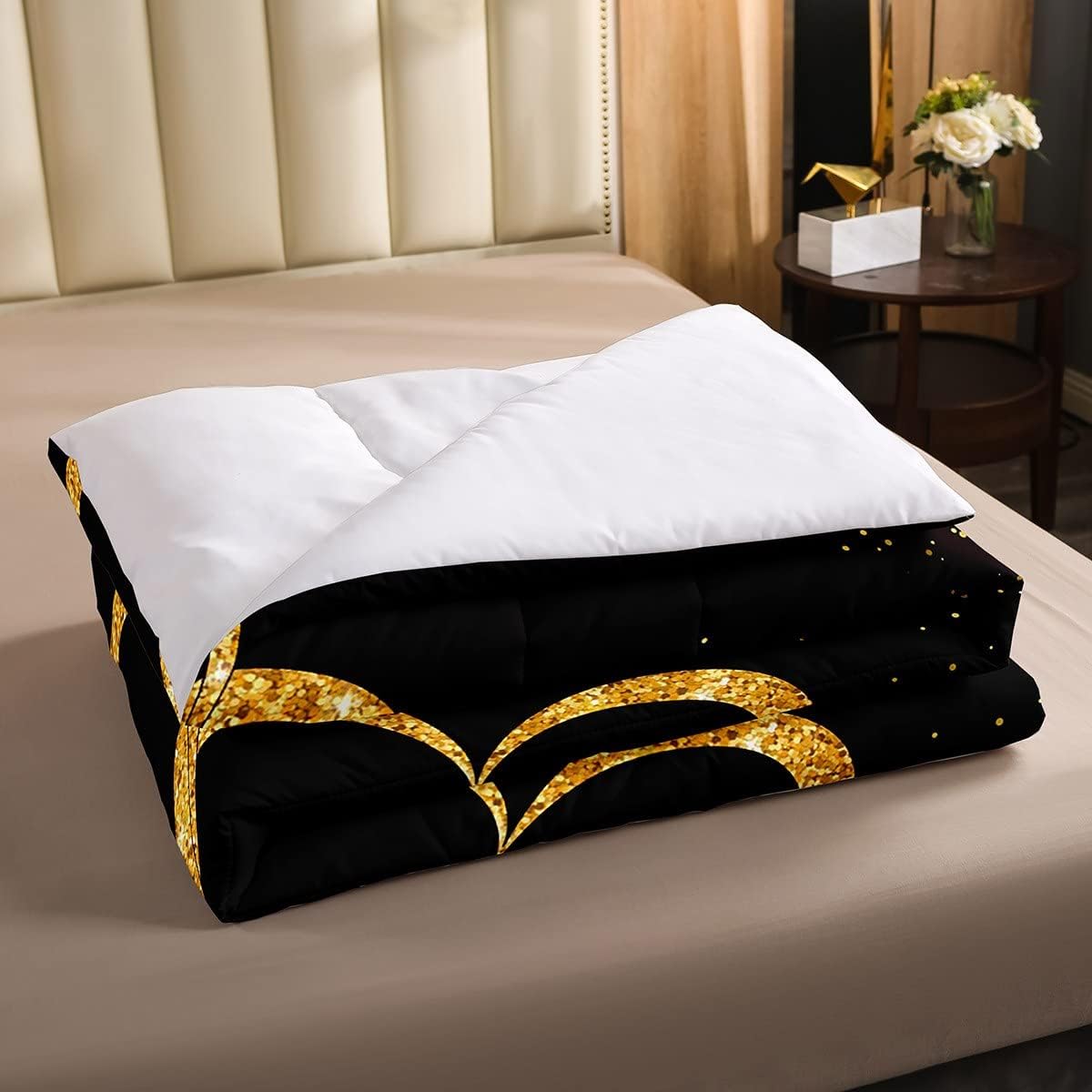 Erosebridal Juego de edredón para parejas, juego de ropa de cama tamaño Queen con lentejuelas doradas con purpurina dorada, edredón acolchado con