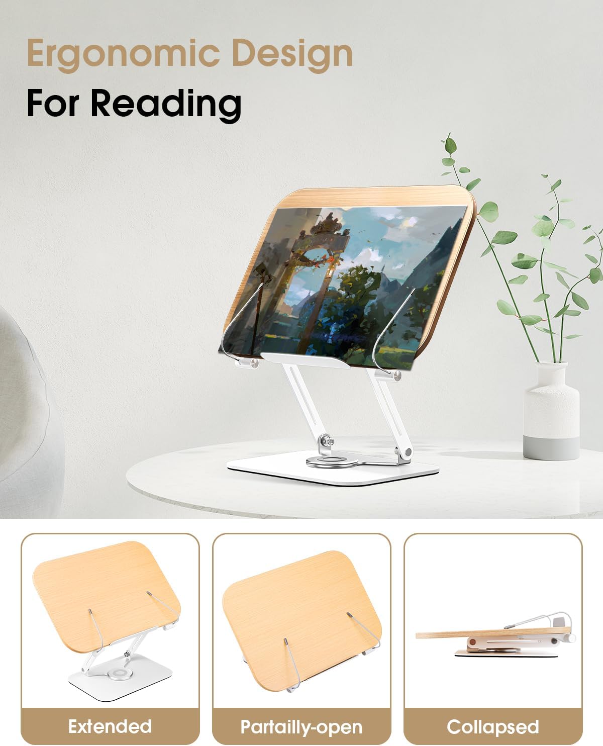 Soporte para libros, soporte para leer manos libres, soporte de escritorio ajustable con base giratoria de 360 grados y clips de página, soporte