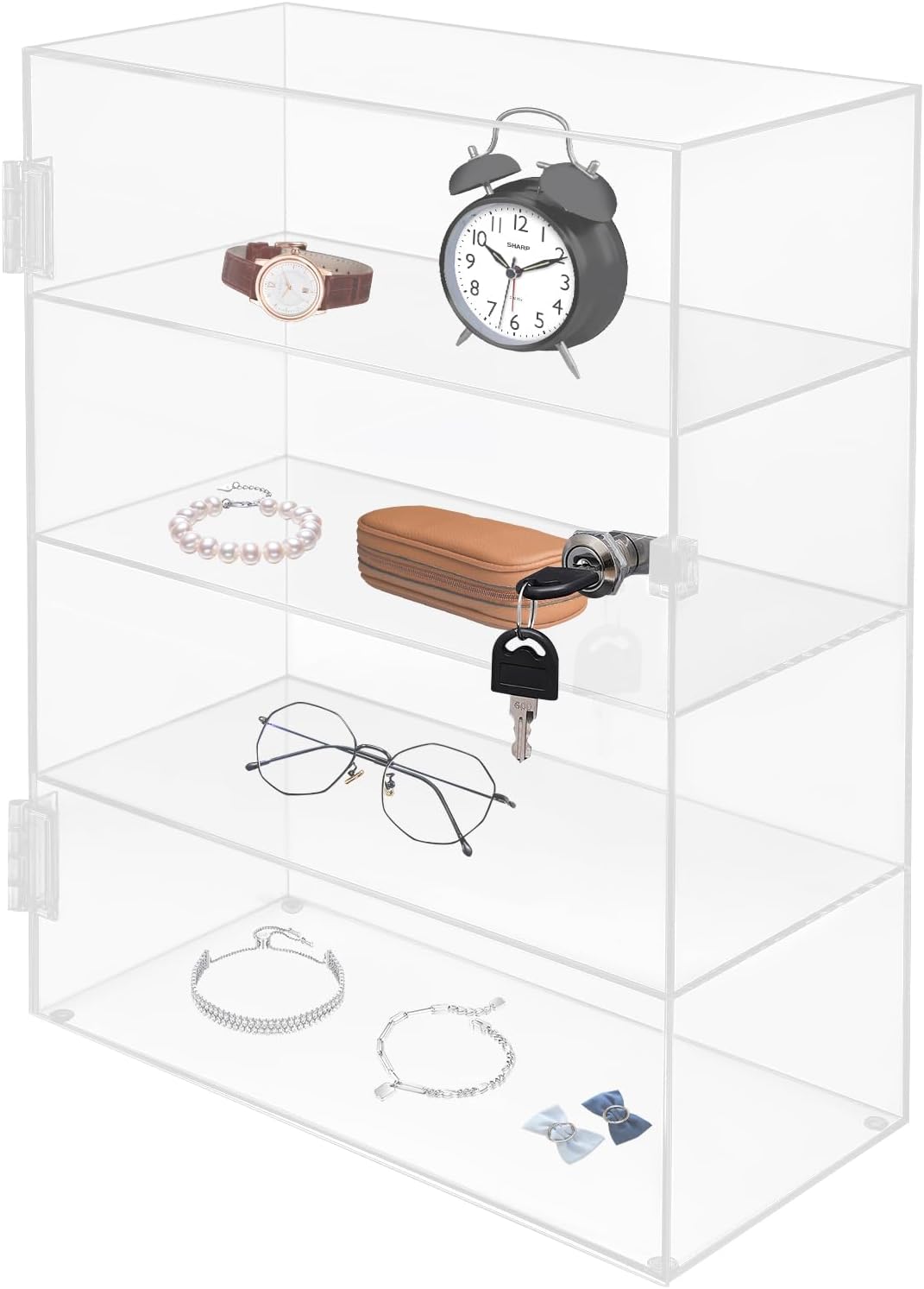 Vitrina de acrílico transparente de 4 capas con cerradura, figura de joyería de acrílico cuboide, vitrina, caja organizadora de encimera, soporte a