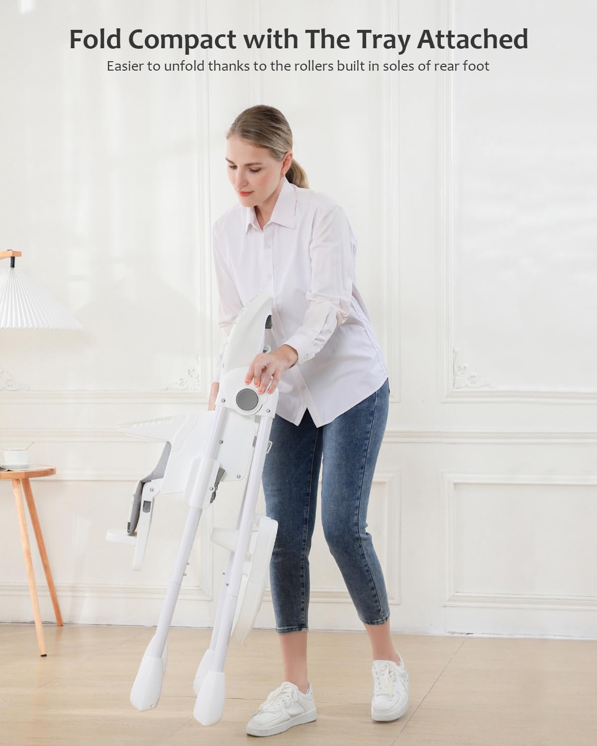 ACE1023-GS – Trona para bebés de 6 meses con reino de fantasía, plegable, reclinable, bandeja doble, silla alta de alimentación fácil de limpiar