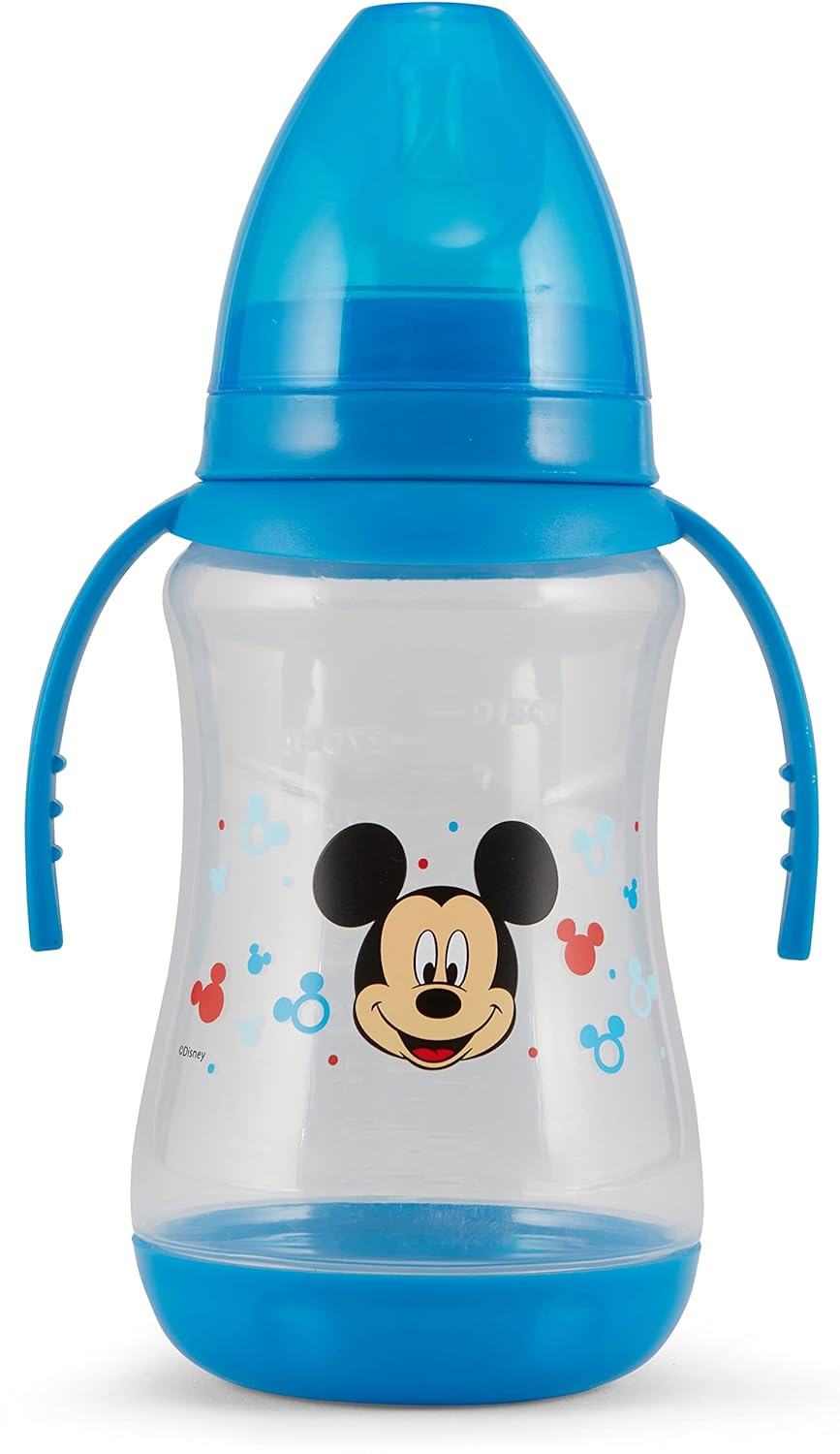 Disney Paquete de 2 biberones de 10 onzas con estampados de personajes y fundas de colores con doble asa, sin BPA y fácil de limpiar