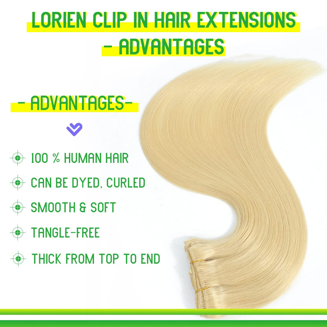 LORIEN Extensiones de cabello humano real con broches, 3.53 onzas, extensiones de cabello humano 100% lacio, 8 piezas por juego con 18 clips, doble
