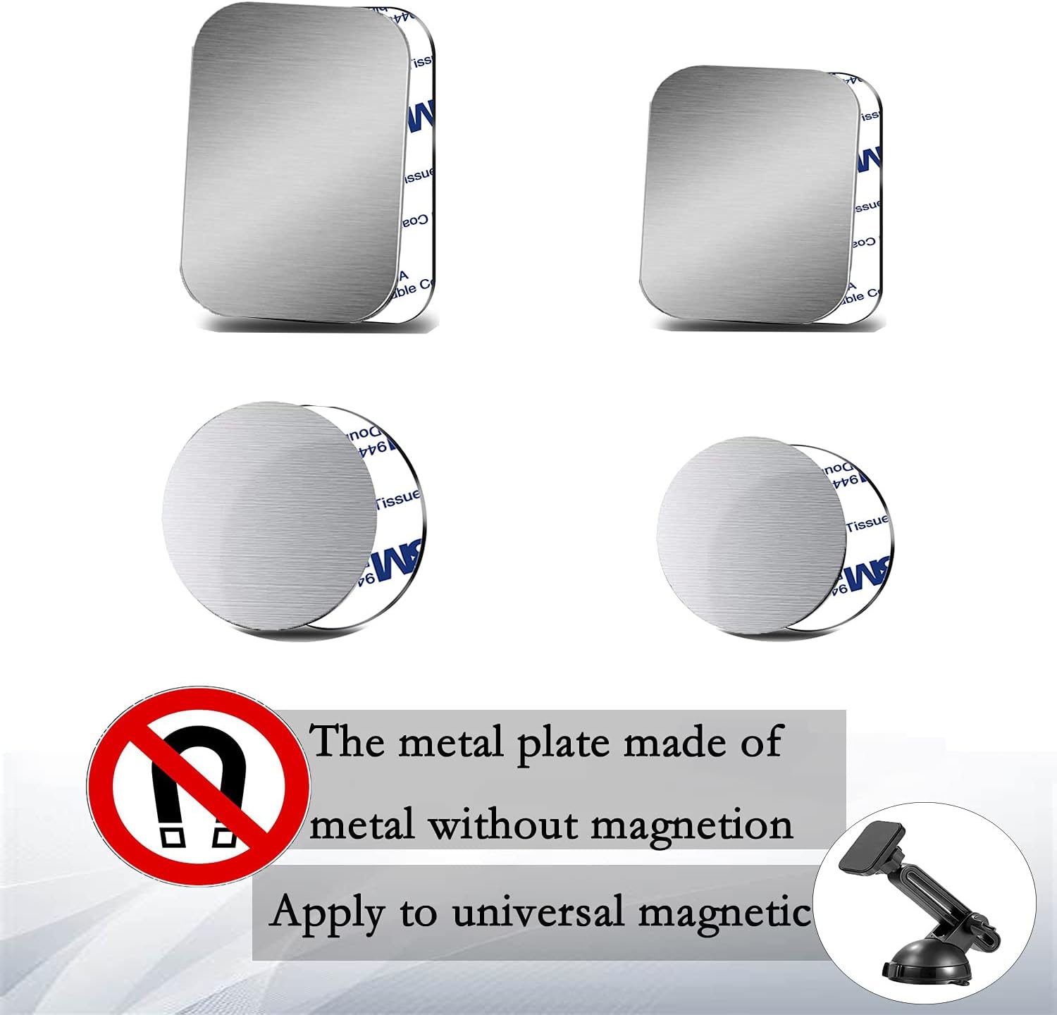 Paquete de 12 placas de metal de 4 tamaños diferentes para teléfono, soporte magnético para automóvil con adhesivo 3M, compatible con soportes