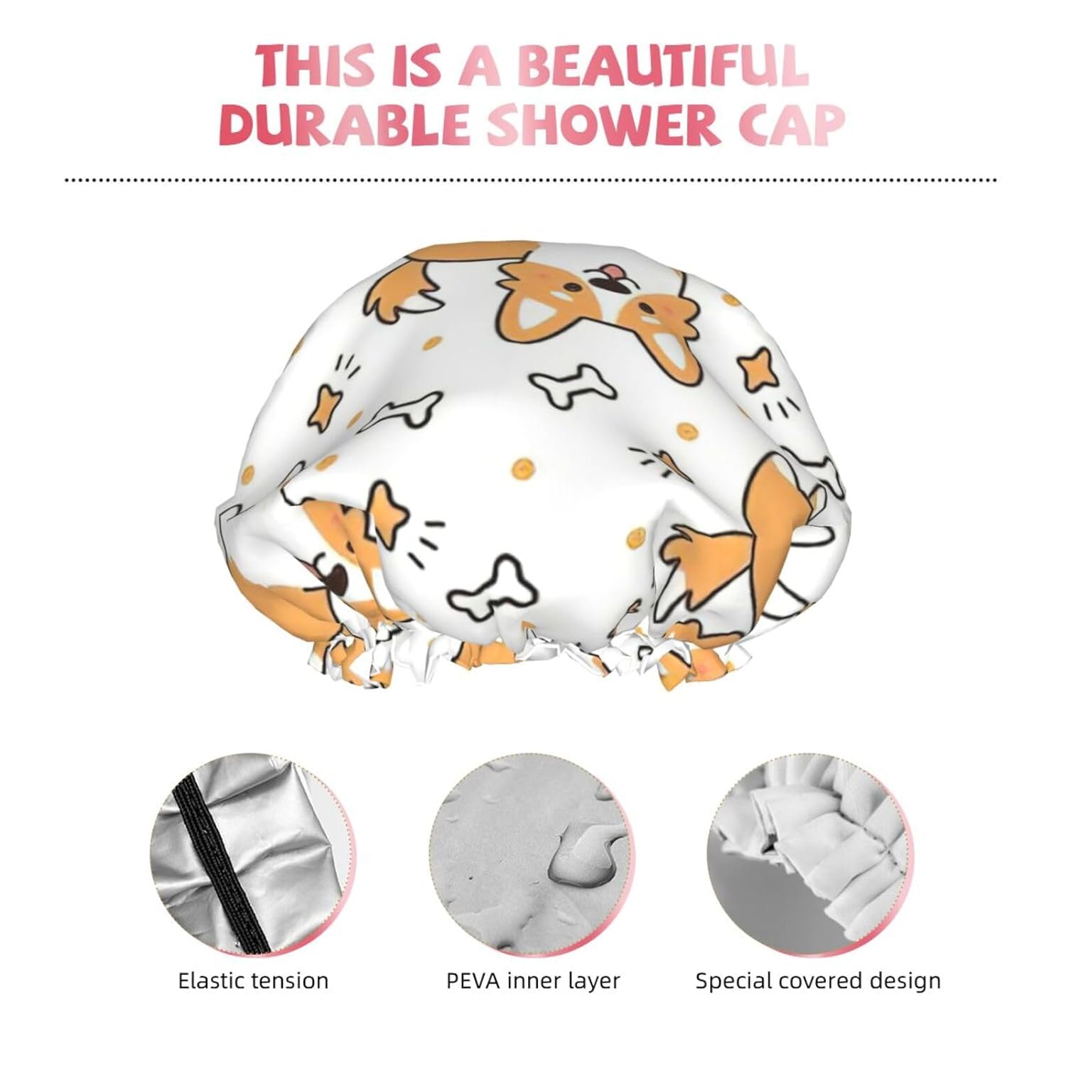 Gorro de ducha impermeable de doble capa con estampado de perro, adecuado para todas las longitudes de cabello (10.6 x 4.3 pulgadas)