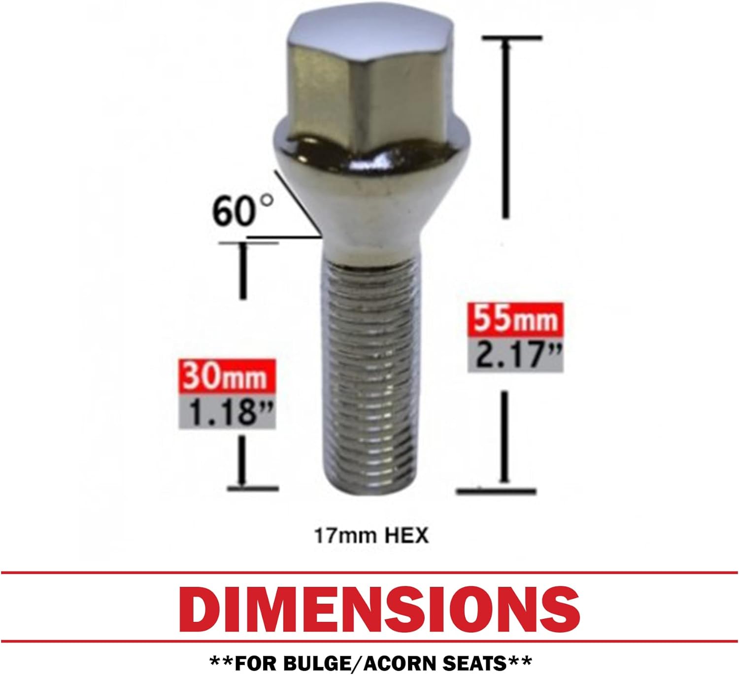 Wheel Accessories Parts Juego de 20 pernos cromados de 12 x 1.5 pulgadas, asiento cónico con hexagonal de 0.669 in, longitud de vástago de 1.181 in,