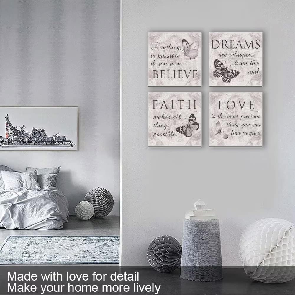 HDQ Art Lienzo inspirador familiar de mariposas en blanco y negro con citas de amor, sueño, fe, creer, baño, oficina, decoración de pared, pósteres