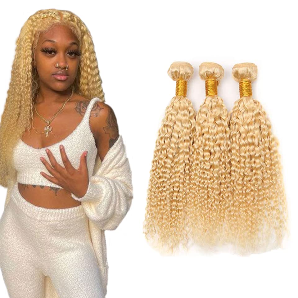 613 paquetes de cabello humano rubio rizado, paquetes de cabello virgen brasileño sin procesar, 3 paquetes de 16, 18, 20 pulgadas, mechones de