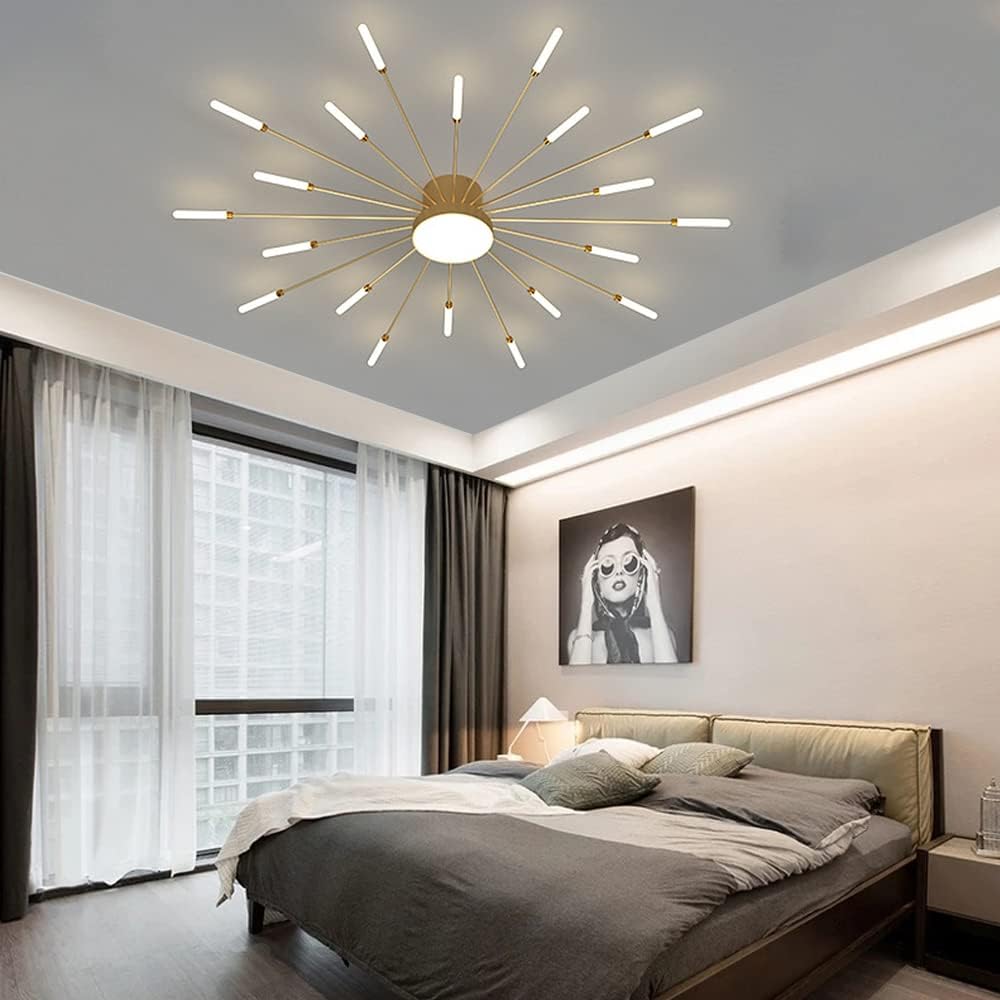 Liudefa Lámpara de techo LED de 42 pulgadas, 20 luces de techo modernas, lámpara de techo empotrada, iluminación de interior dorada para sala de