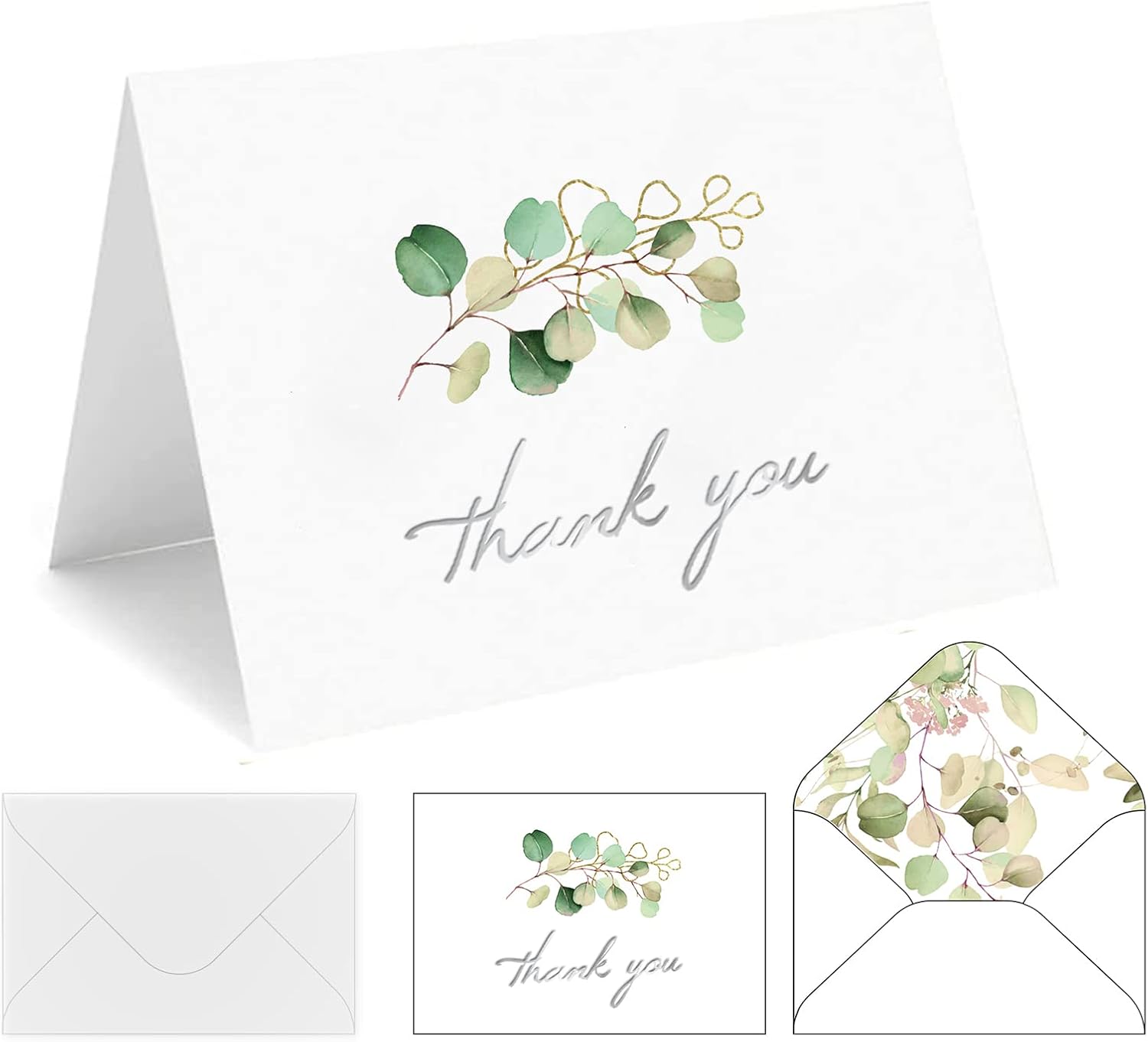 Paquete de 48 tarjetas de agradecimiento con sobres y calcomanías, diseño de estilo plateado de 6 x 4 pulgadas, notas en blanco para compromiso,