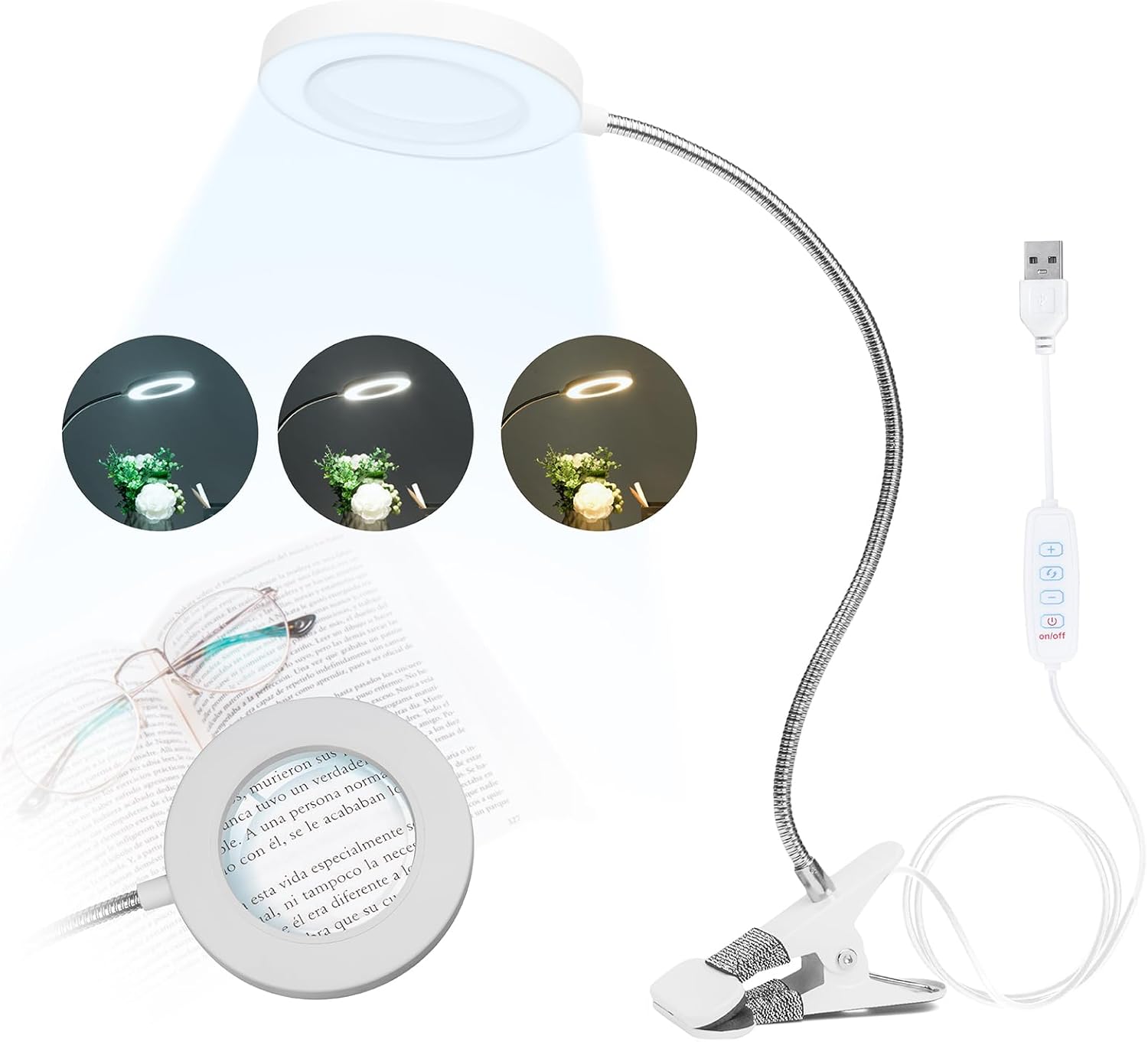 5 lupas con luz, luz de clip de 10 W, lámpara de escritorio de 48 luces LED, 3 modos de luz regulable, lámpara de lupa iluminada con cuello de cisne