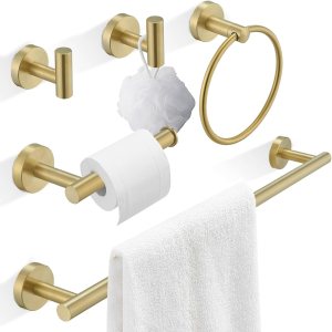 Juego de 5 piezas de accesorios de baño de oro cepillado de 24 pulgadas, juego de toallero de mano de granja y 2 ganchos para toallas, montaje en Juego de 5 piezas de accesorios de baño de oro cepillado de 24 pulgadas, juego de toallero de mano de granja y 2 ganchos para toallas, montaje en