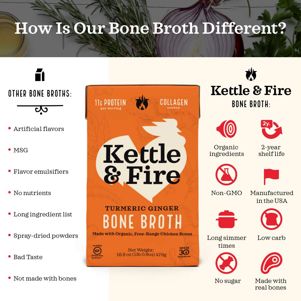 Kettle and Fire – Caldo de hueso de pollo de jengibre, cúrcuma Keto, paleo y Whole 30, sin gluten, alto en proteínas y colágeno, paquete de 3