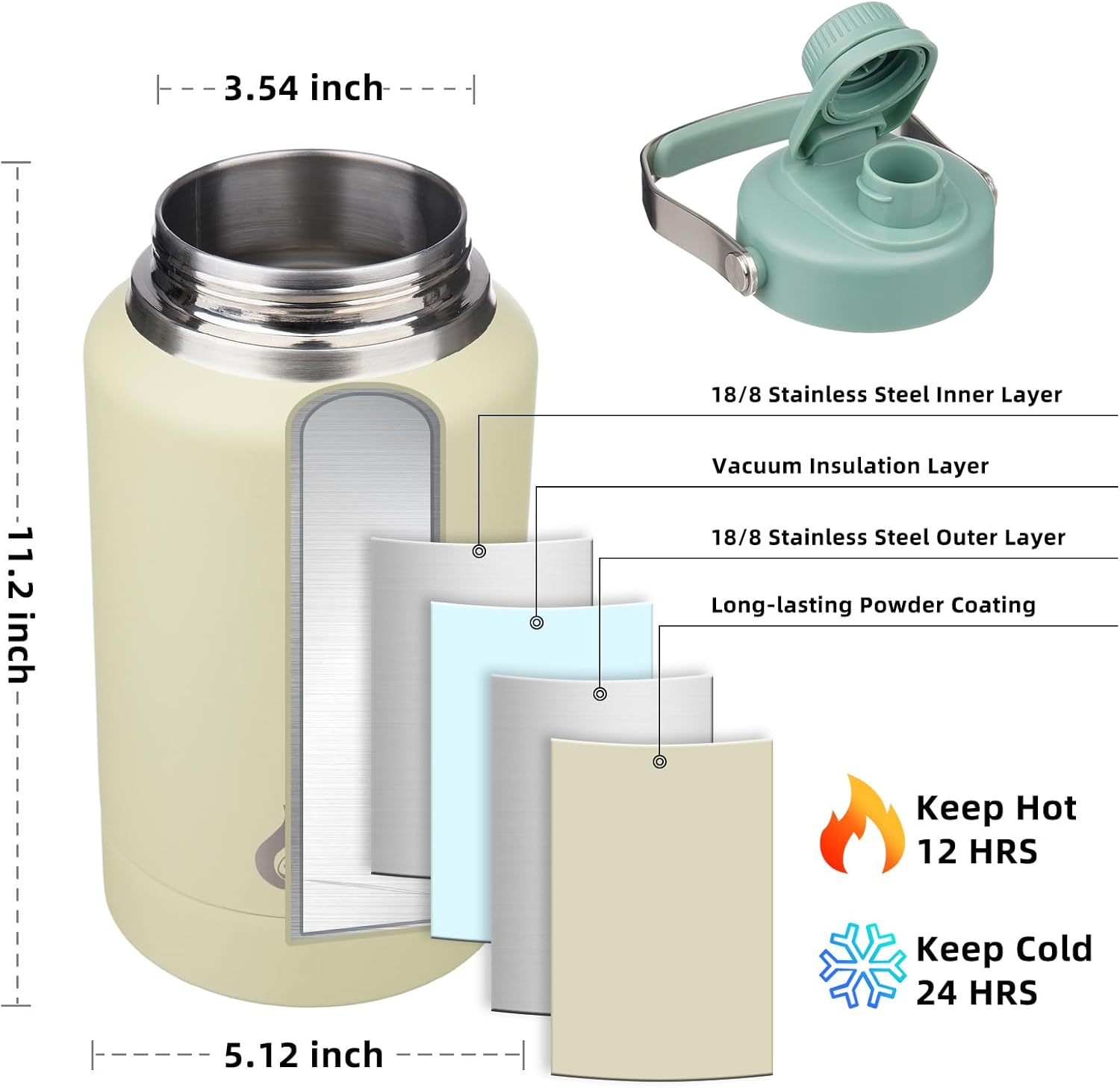 BJPKPK Botellas de agua aisladas de 64 onzas, botella de agua de medio galón apta para lavavajillas, con mango de metal, tapa de boquilla sin BPA y