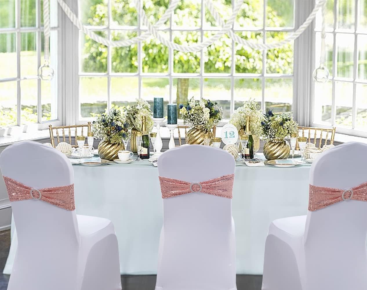 Paquete de 100 bandas de lentejuelas para sillas de color oro rosa, lazos para sillas plegables de fiesta de boda, banda de oro rosa con hebillas