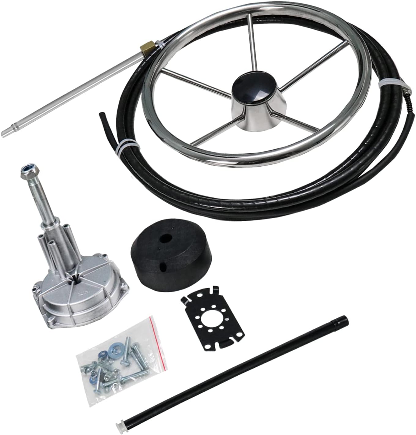 R RUR Sistema de dirección de barco, kit de dirección giratoria fuera de borda con cable de dirección de barco de 16 pies y volante de acero