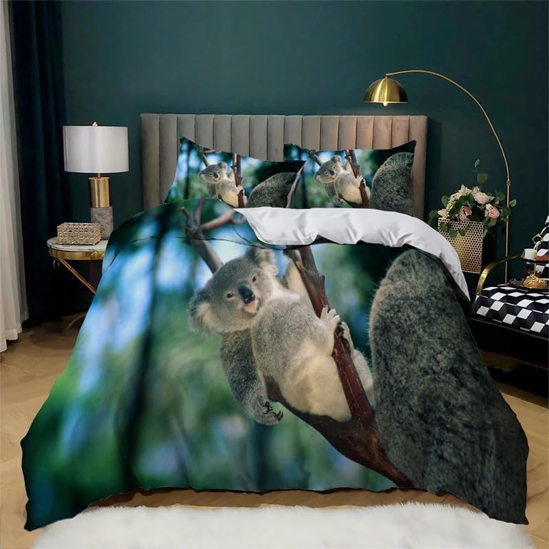 Juego de funda de edredón de koala azul marino, tamaño matrimonial, funda de edredón de microfibra suave y 2 fundas de almohada de 20 x 26 pulgadas,