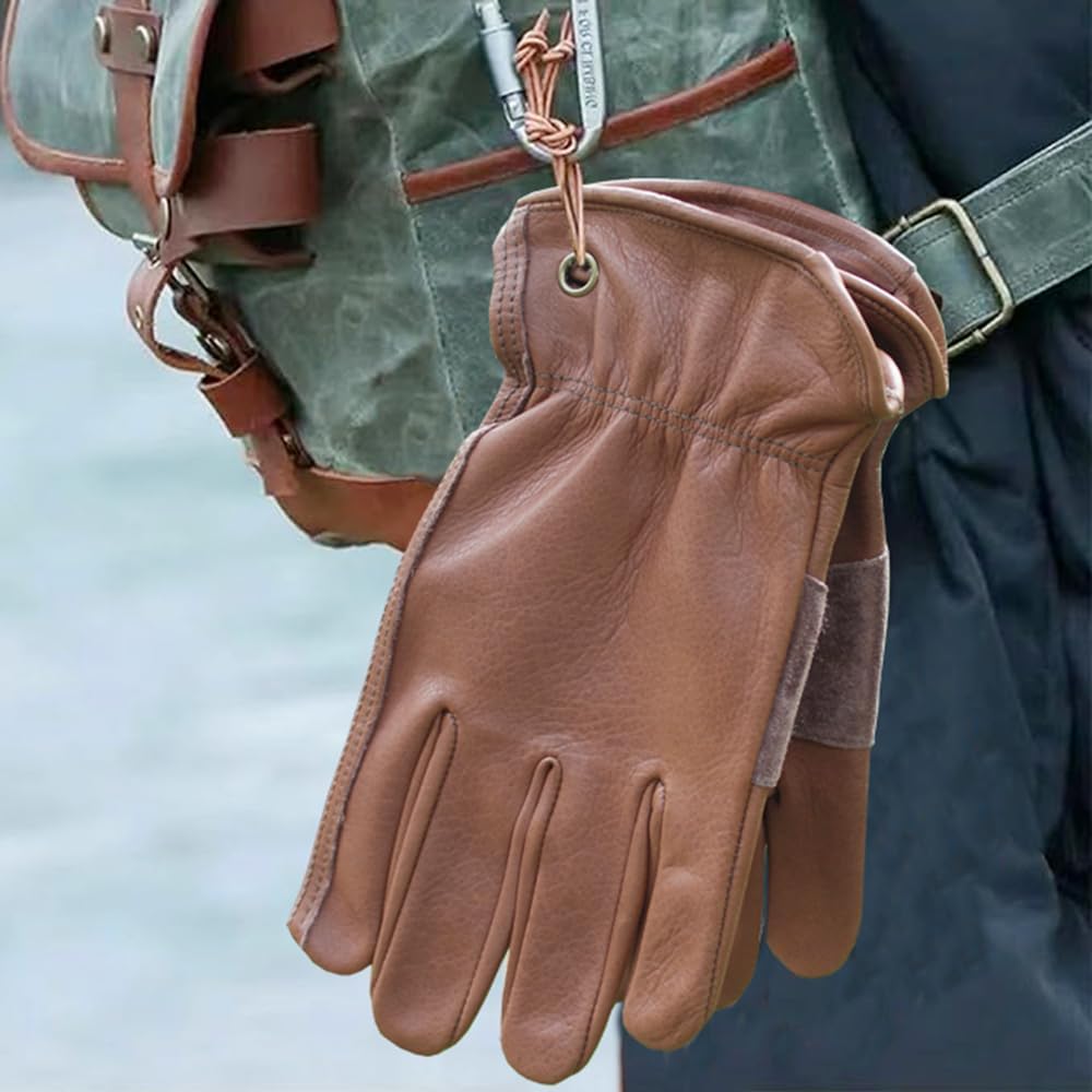 NBLEAGLO Guantes de trabajo de cuero de vaca marrón retro para construcción, patio, jardinería con palma reforzada para hombres y mujeres