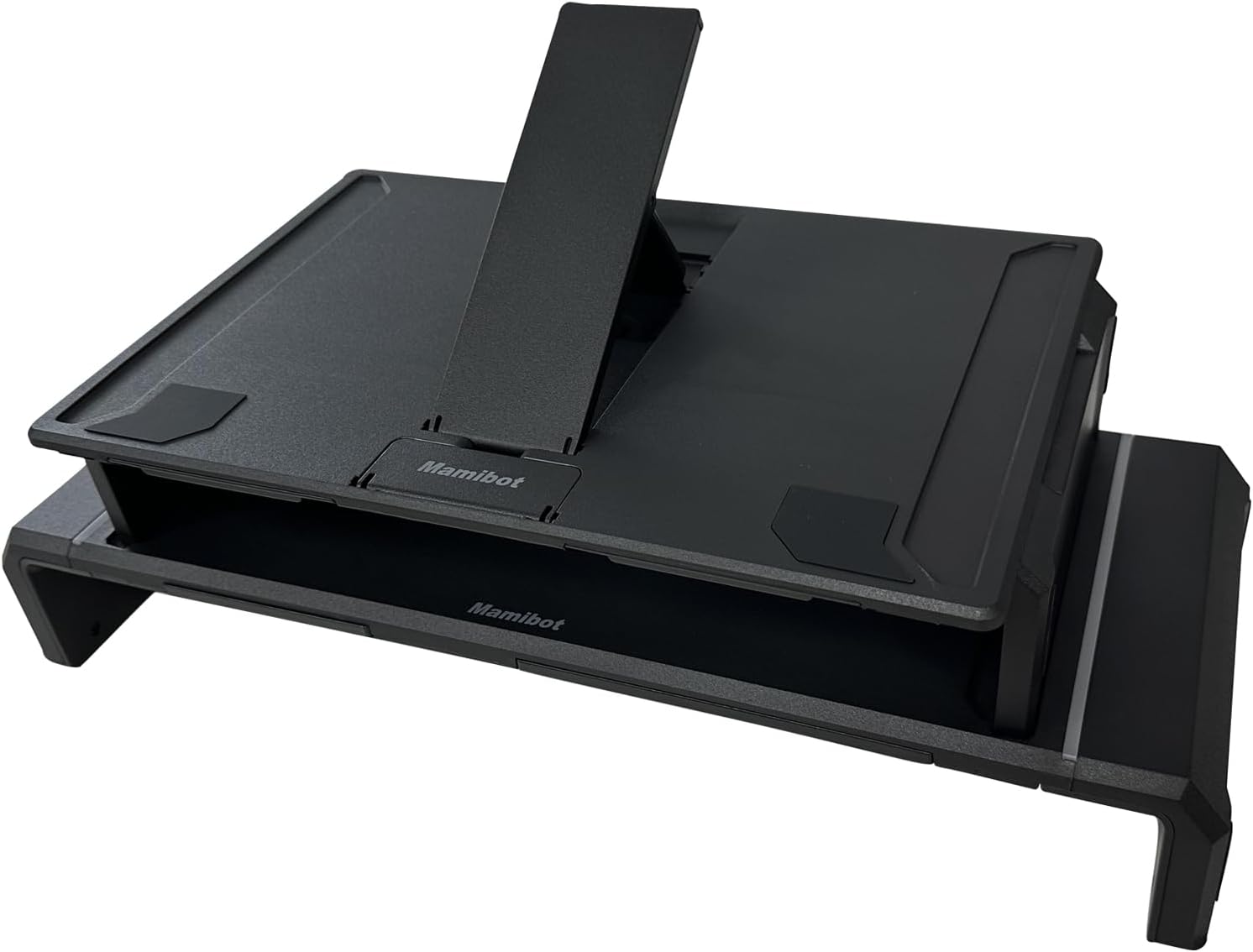 Mamibot Paquete de 2 soportes elevadores para computadora, soporte para laptop con cajón de almacenamiento, desmontable y apilable 2 en 1, soporte